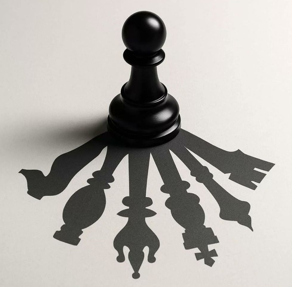 Un pion noir dont l'ombre dessine les autres pièces de l'échiquier